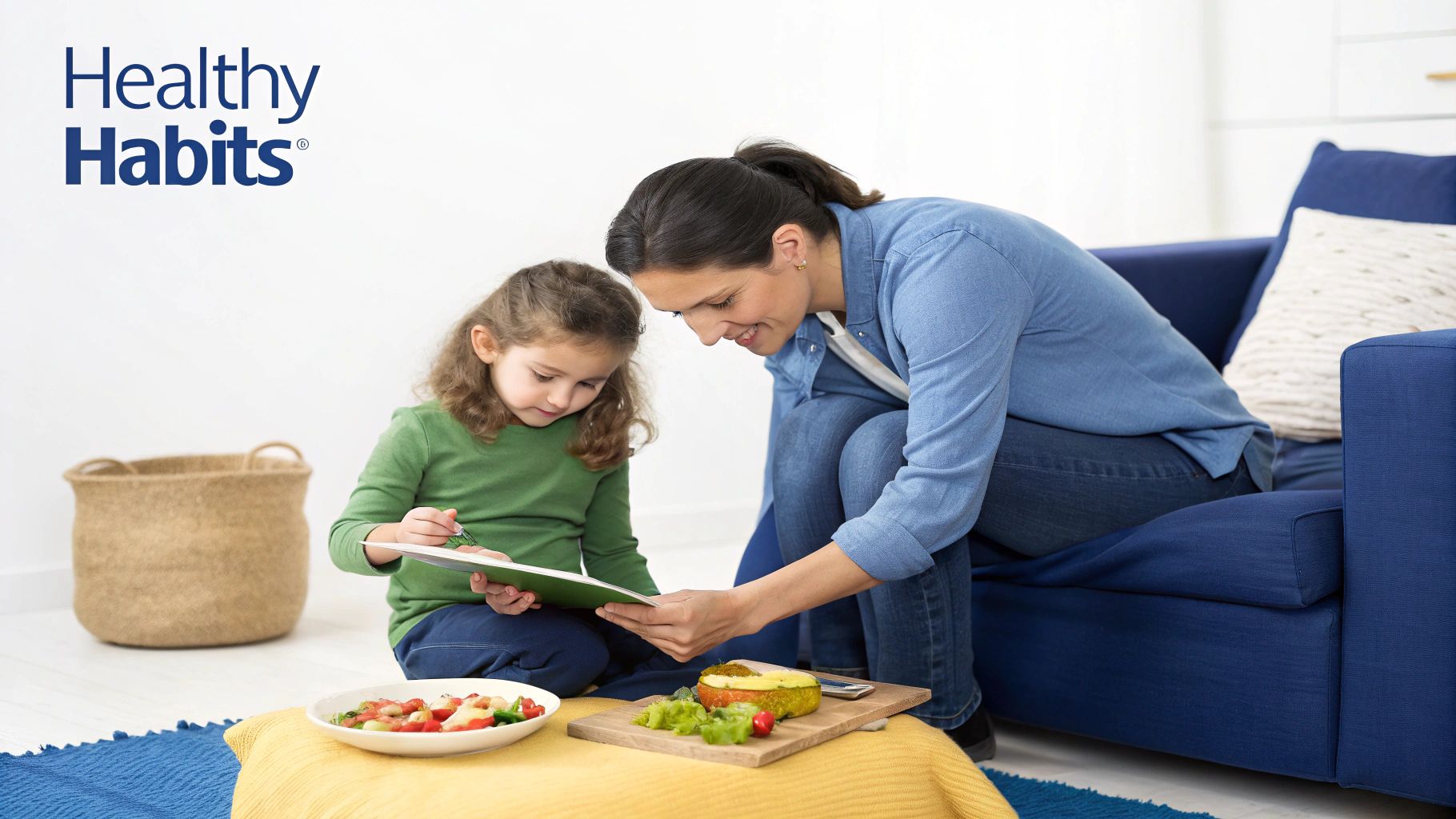 A mother and daughter happily read a book on healthy habits with nutritious food nearby.