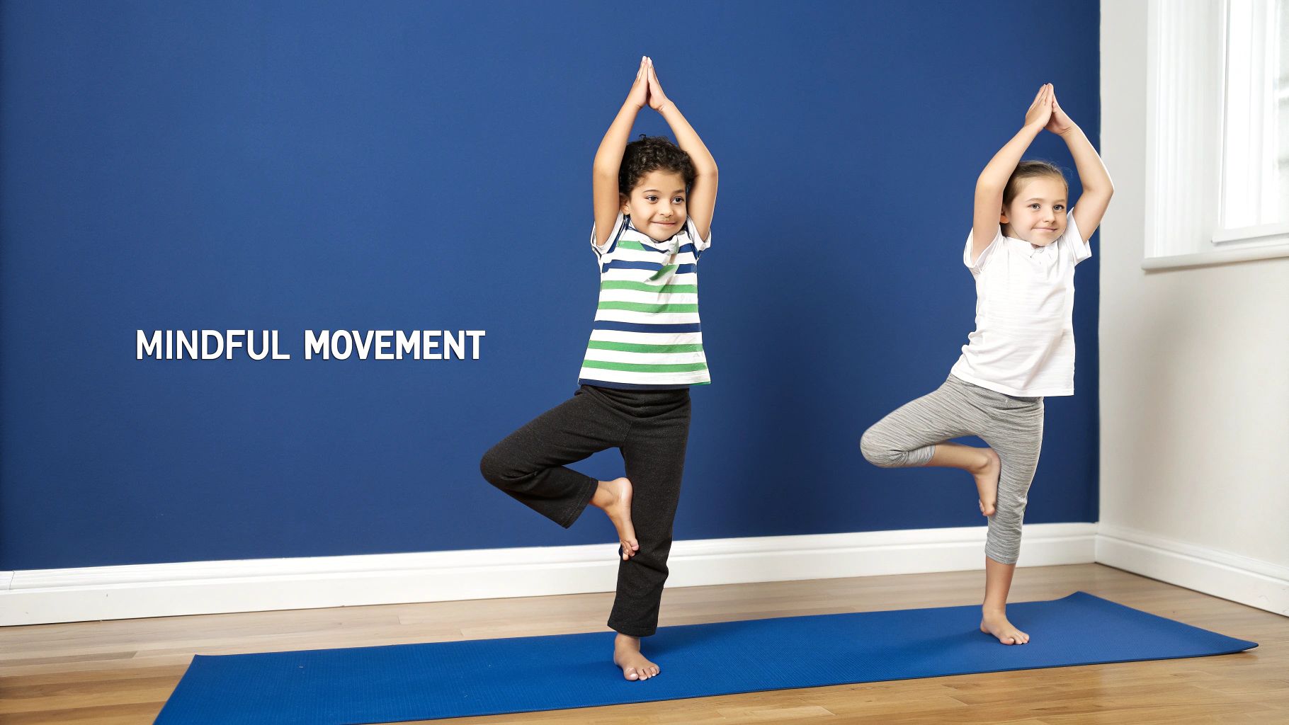 Two young children in tree yoga pose on a mat, practicing mindful movement.