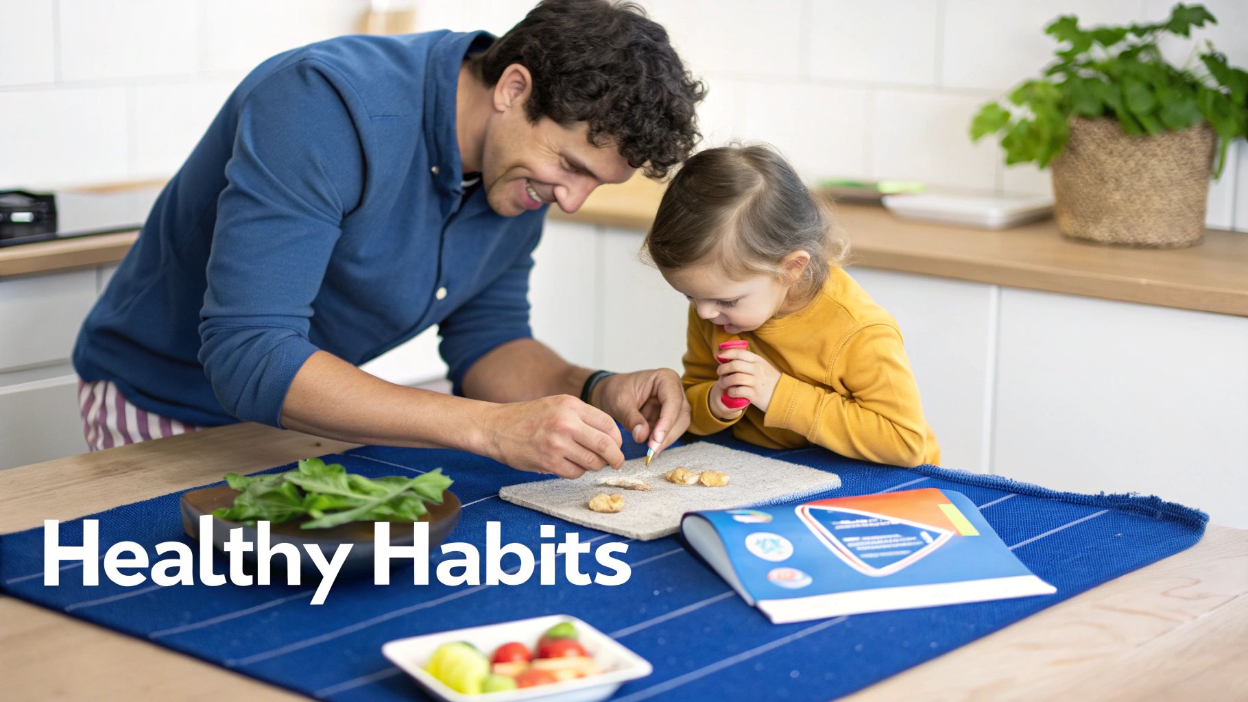 A father and child learn about healthy habits at a kitchen table with food and a book.