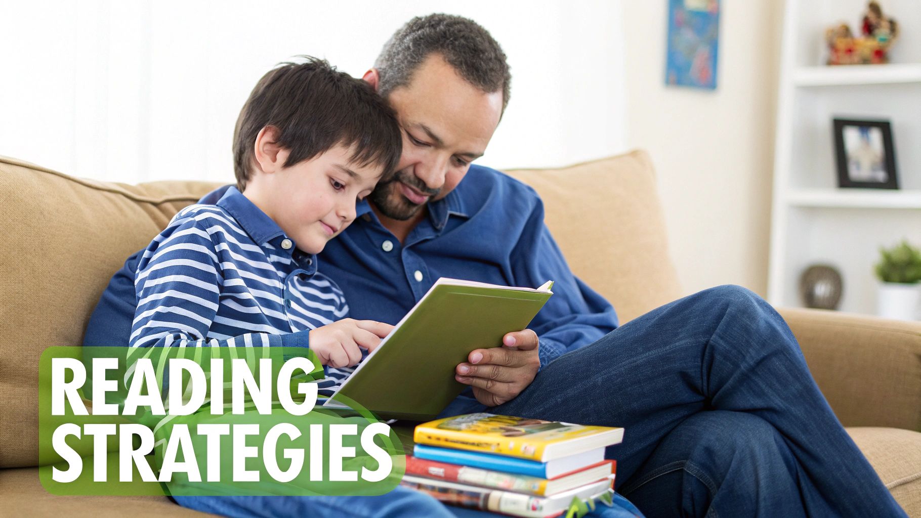 A father and son sitting closely on a couch, engrossed in reading a book together.