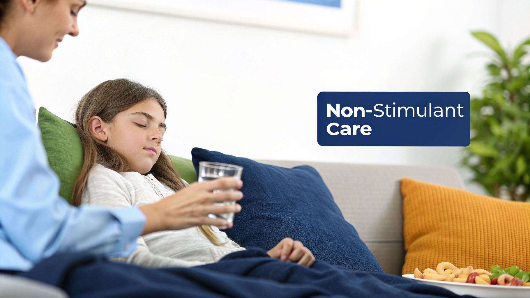 A caring woman offers a glass of water to a young girl resting comfortably on a couch under a blanket, promoting non-stimulant care.