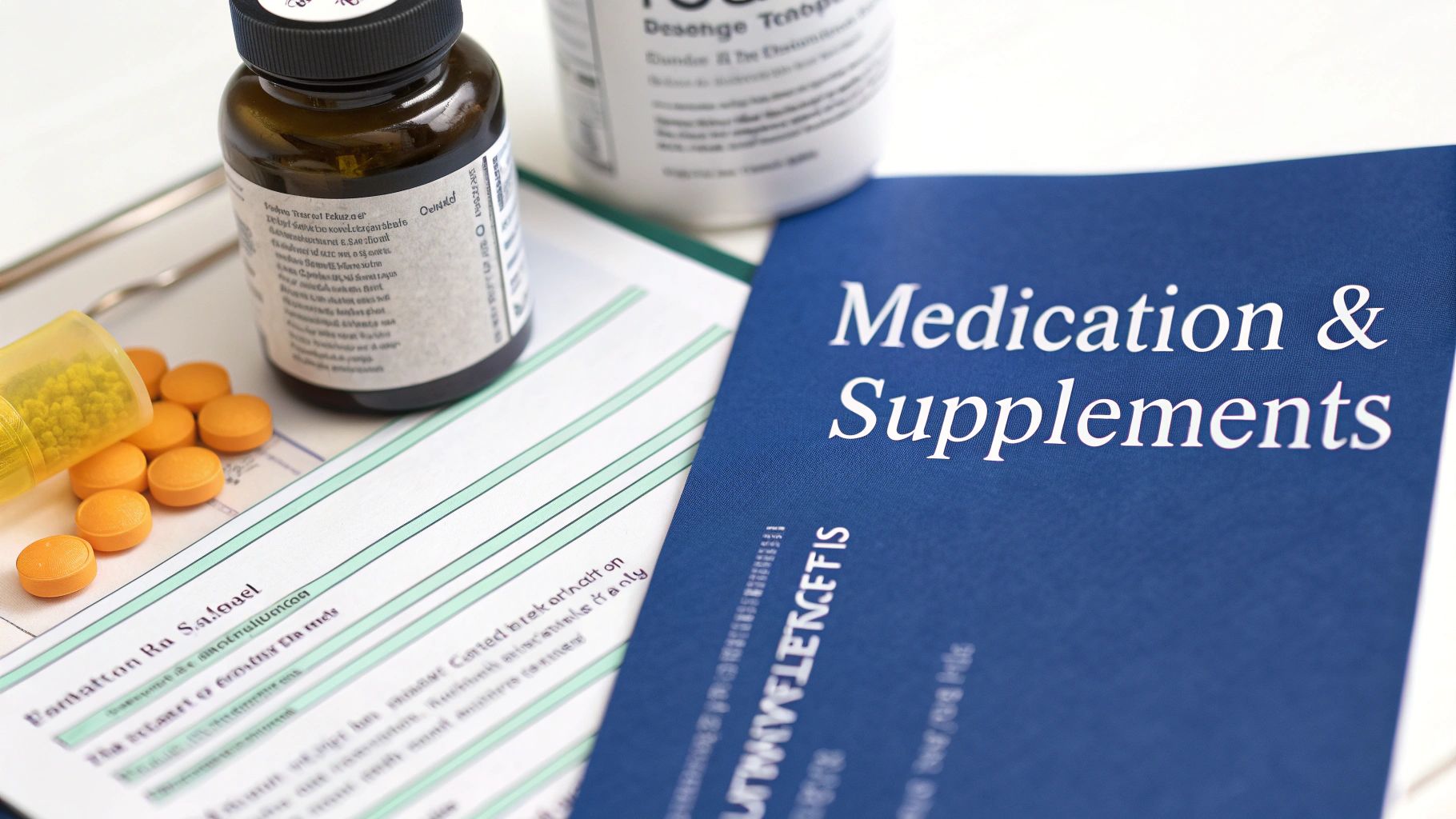 Close-up of a blue booklet titled "Medication & Supplements" with pills and medicine bottles.