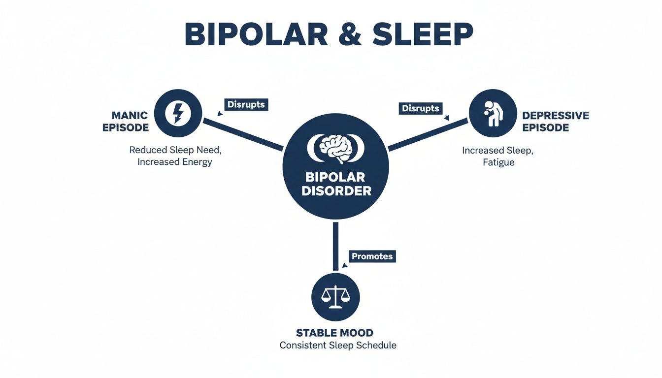 Diagram illustrating how bipolar disorder affects sleep patterns during manic, depressive, and stable moods.
