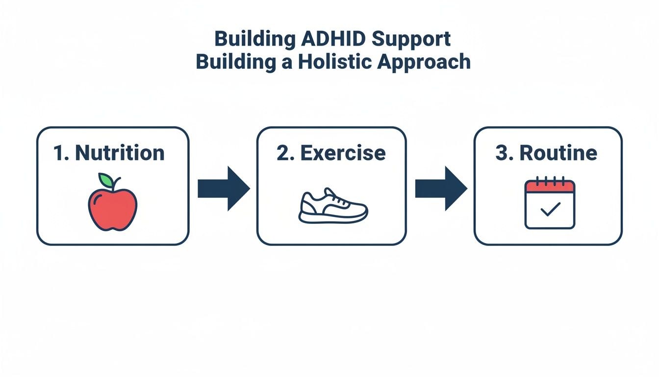 A holistic approach to ADHD support, featuring nutrition (apple), exercise (shoe), and routine (calendar).