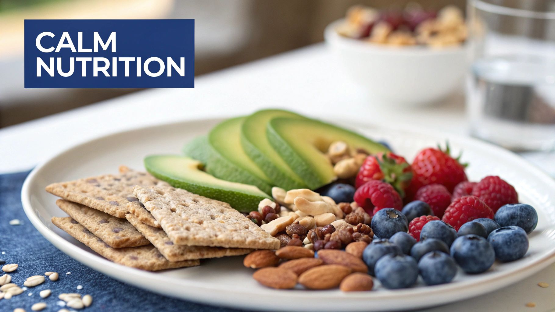 A healthy snack plate featuring sliced avocado, mixed berries, nuts, and whole-grain crackers under a 'CALM NUTRITION' banner.