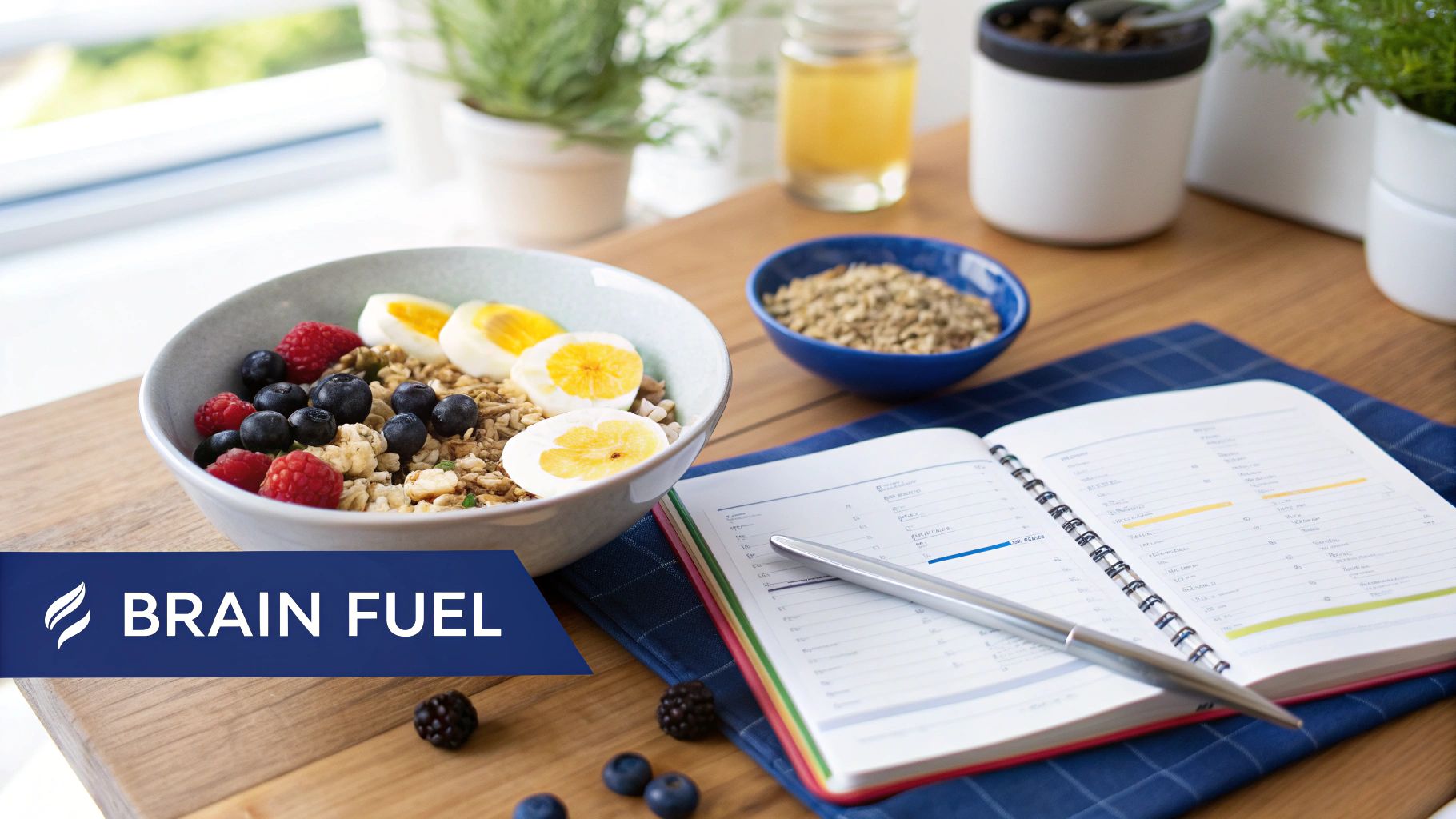 Healthy breakfast bowl with berries and eggs, an open notebook, and 'Brain Fuel' text.