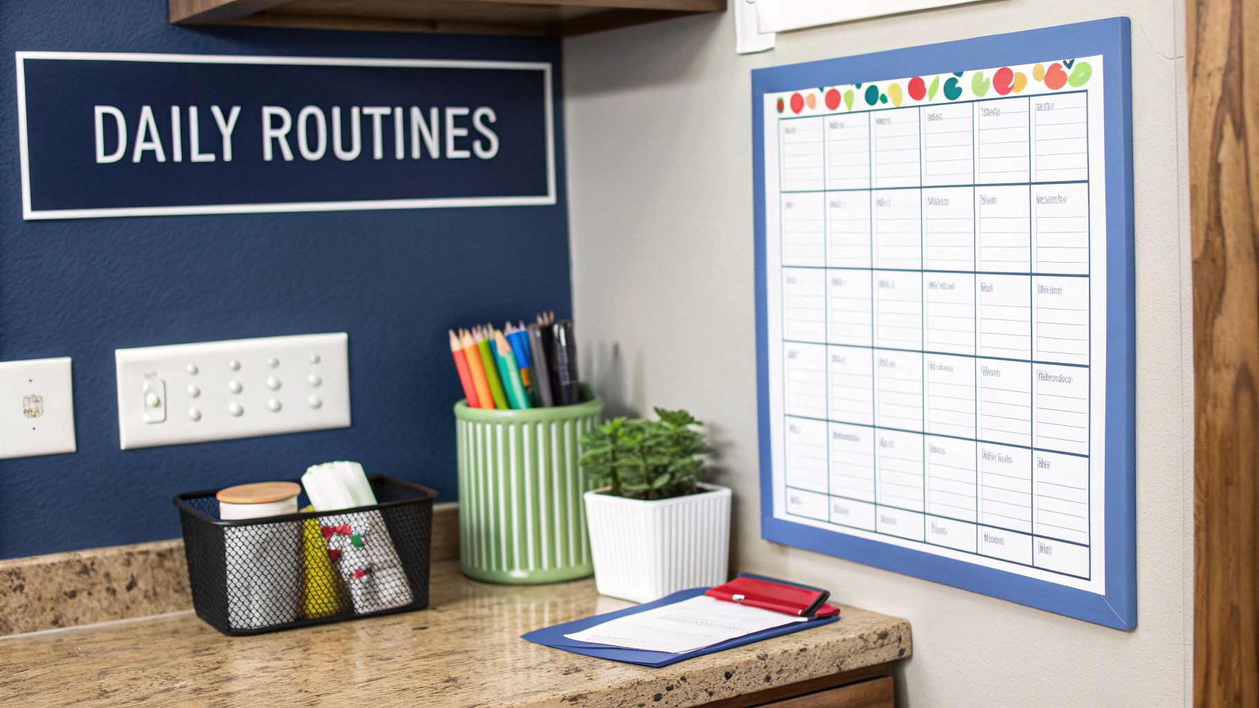 A home office setup with a "DAILY ROUTINES" sign, a calendar, writing supplies, and a small plant.