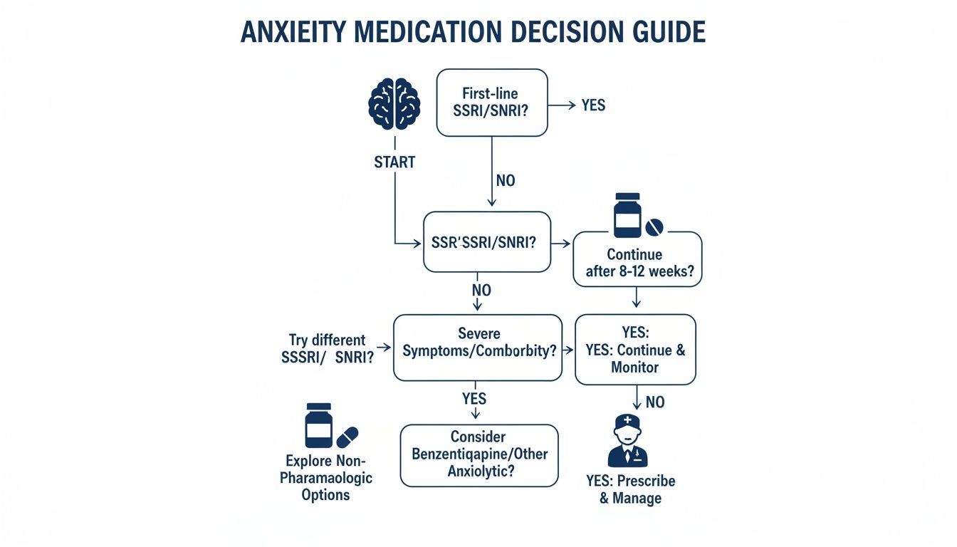 A flowchart guiding anxiety medication decisions, starting with first-line SSRI/SNRI and exploring other options.