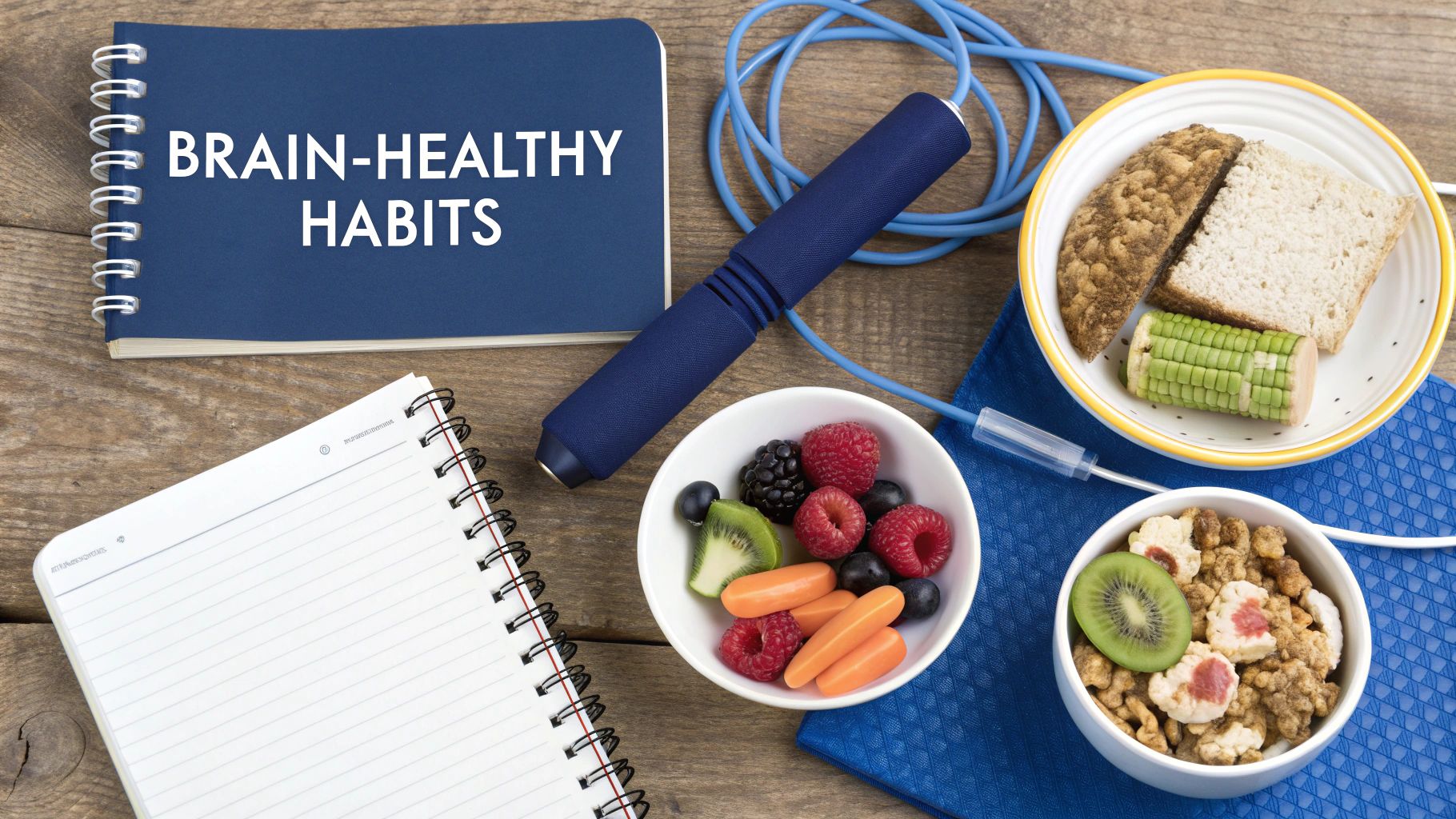 Flat lay of brain-healthy habits: a notebook, jump rope, and bowls of fruits, vegetables, and cereal.