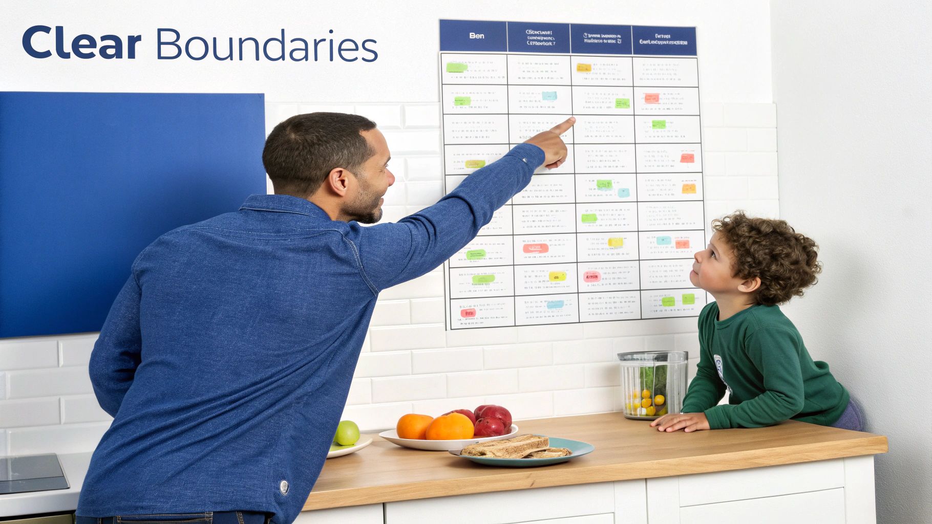 Father and son review a colorful family schedule chart on the kitchen wall, promoting clear boundaries.