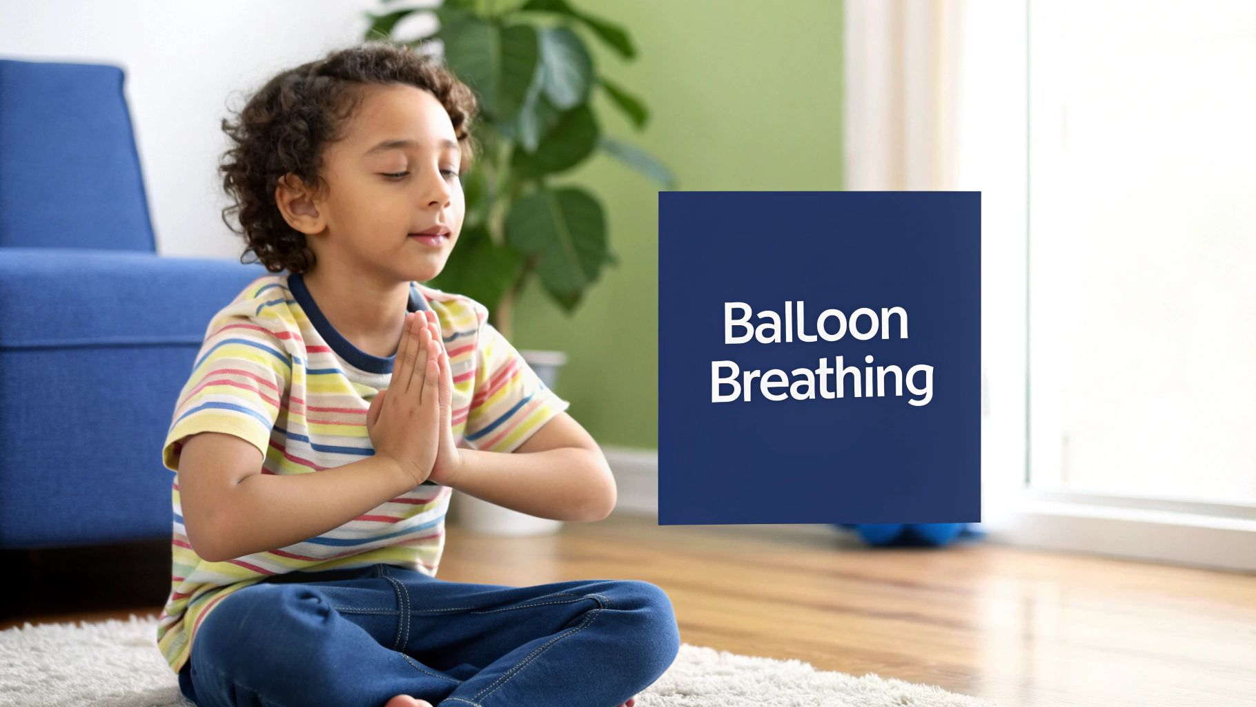 A young boy with curly hair sits in a meditative pose with 'Balloon Breathing' overlay for kids.