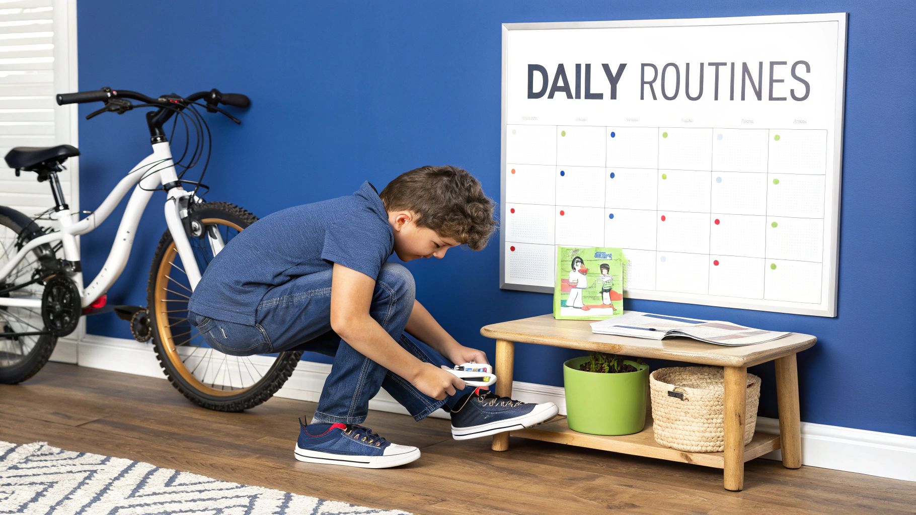 A young boy using a shoehorn to put on his blue sneakers in a room with a daily routines calendar.