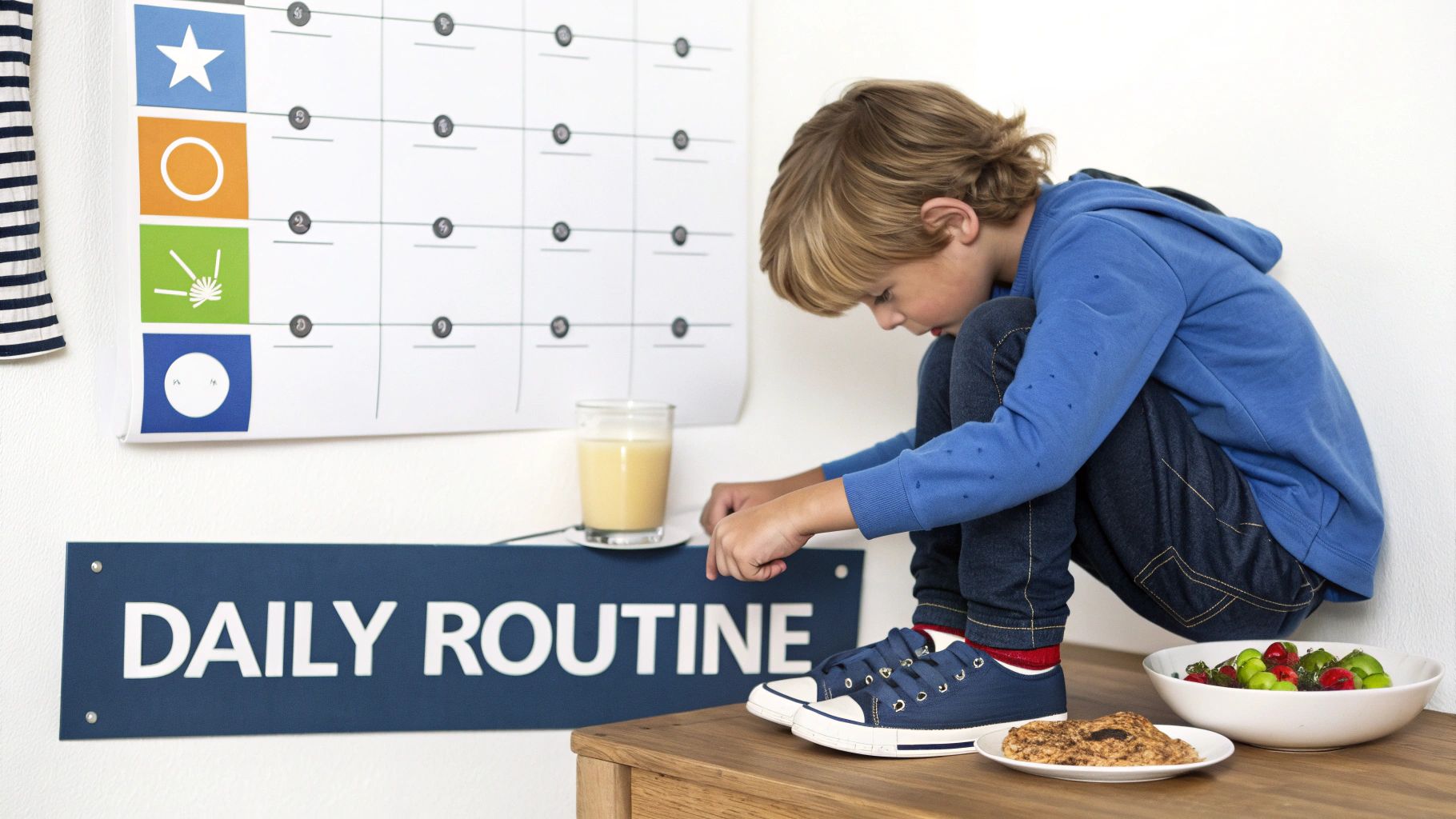 A young boy tying his blue shoes next to a daily routine chart and healthy snacks.