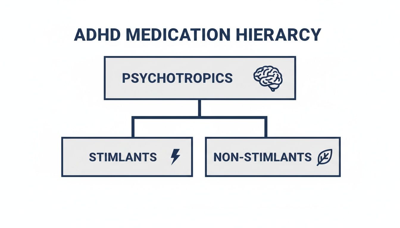 An ADHD medication hierarchy diagram showing psychotropics divided into stimulants and non-stimulants.