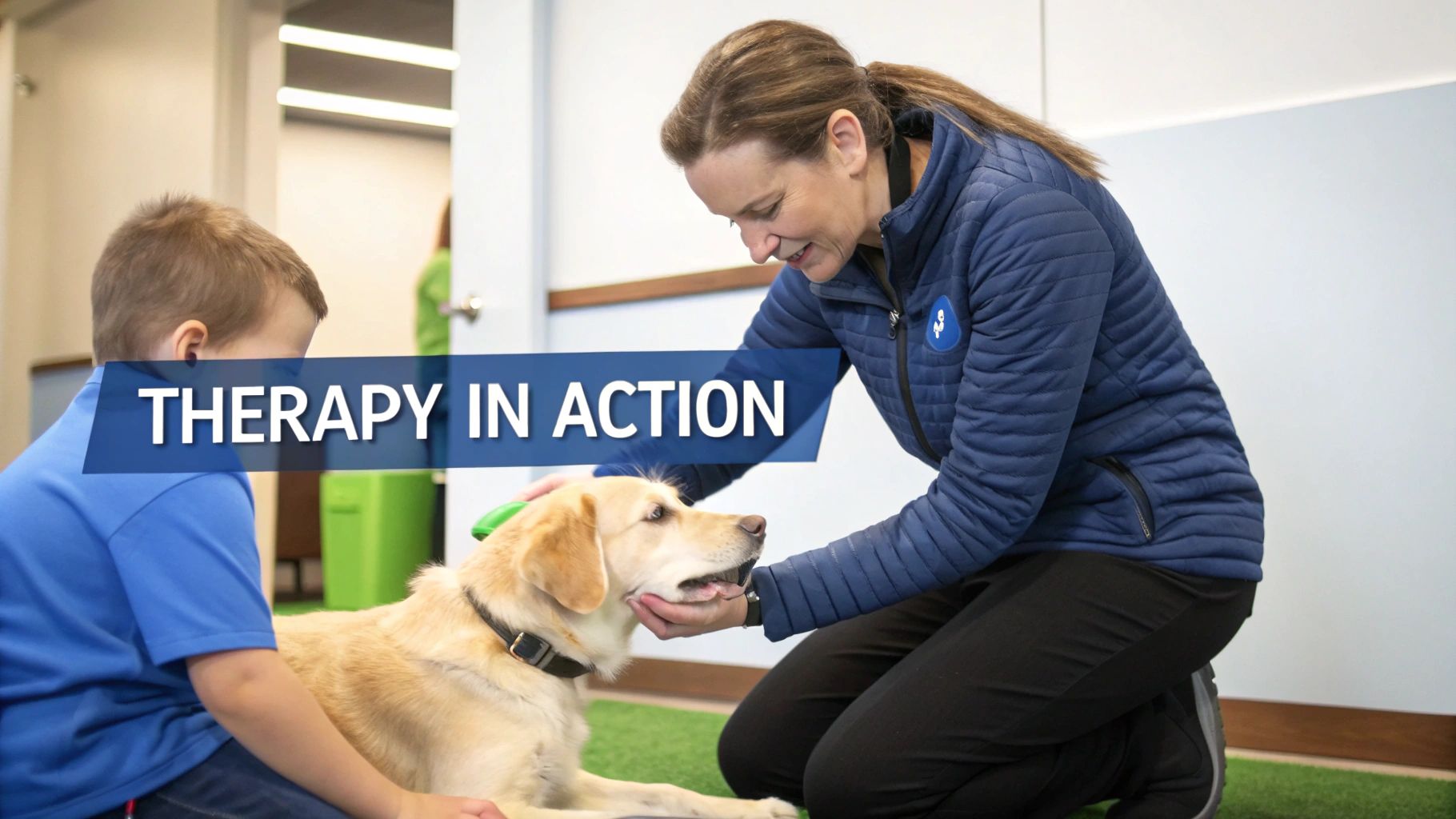 A smiling woman and a child engage in animal-assisted therapy with a gentle golden retriever.