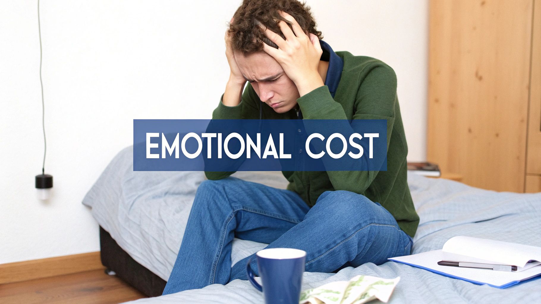 A distressed young man sitting on a bed, holding his head with "EMOTIONAL COST" text overlay.