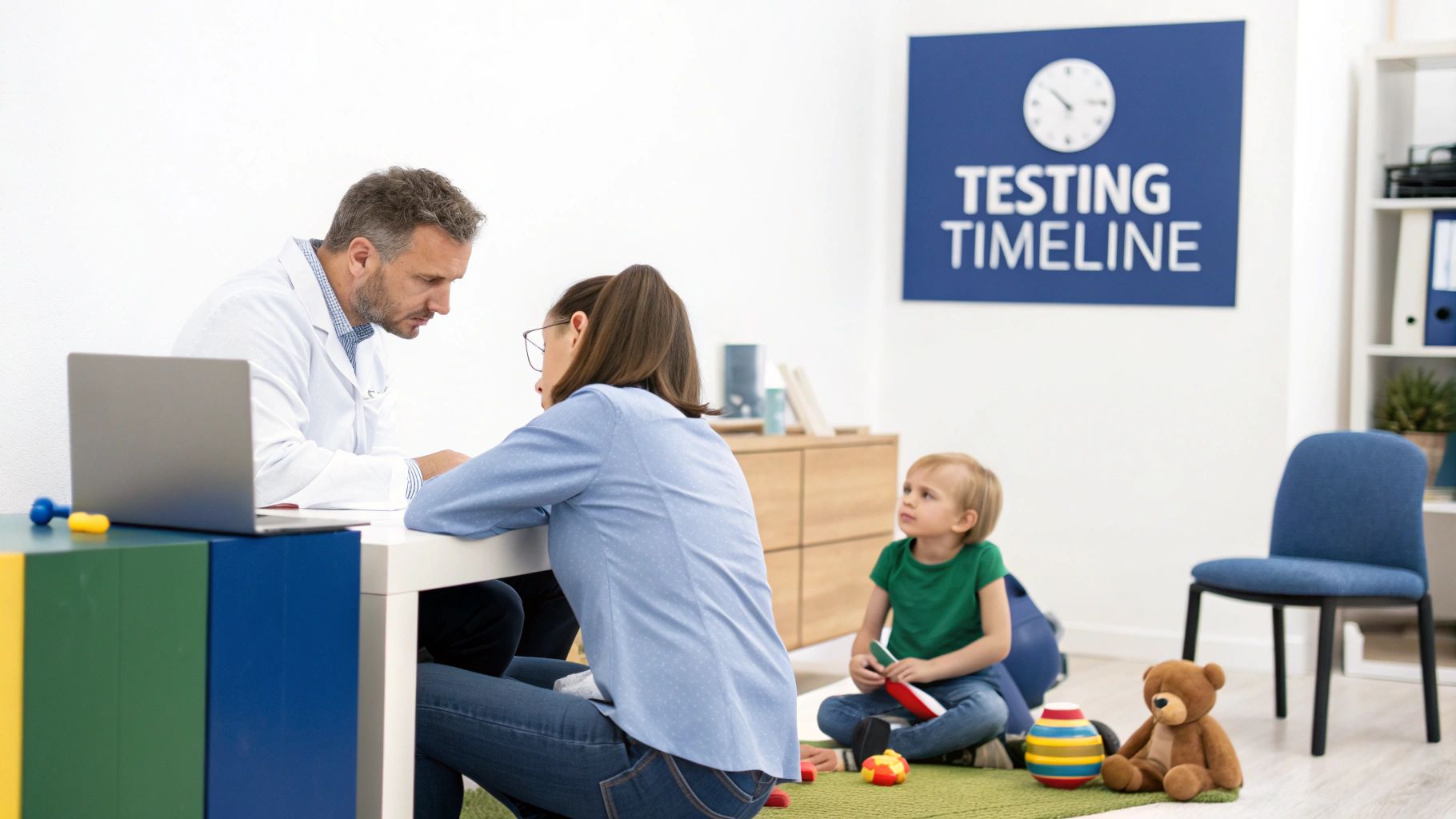 A doctor consults a parent at a desk, while a child plays with toys on the floor, under a 'TESTING TIMELINE' sign.