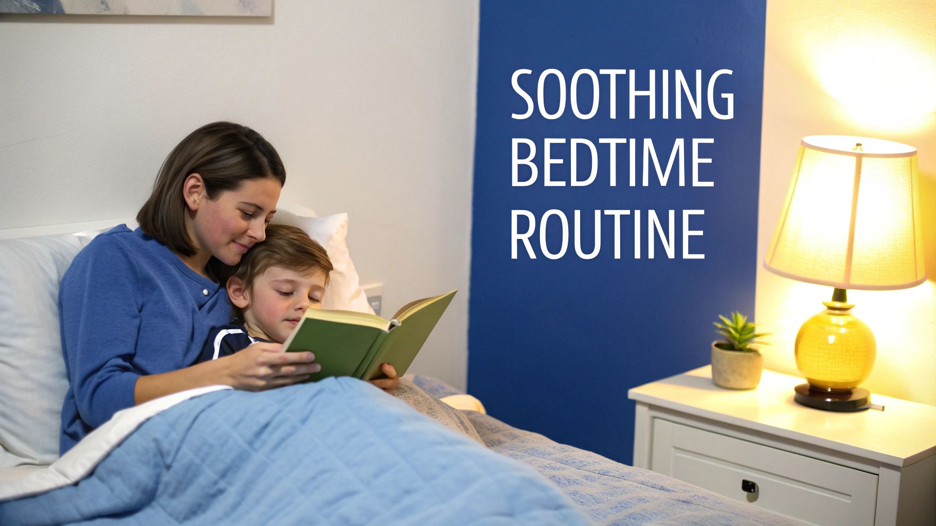 Mother reads a bedtime story to her young son, creating a soothing routine.