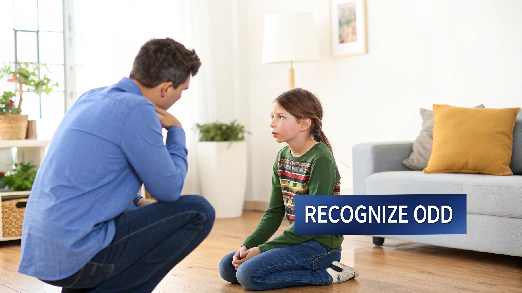 A man and a young girl kneel on a wooden floor, deeply engaged in a serious conversation, with 'RECOGNIZE ODD' overlaid.