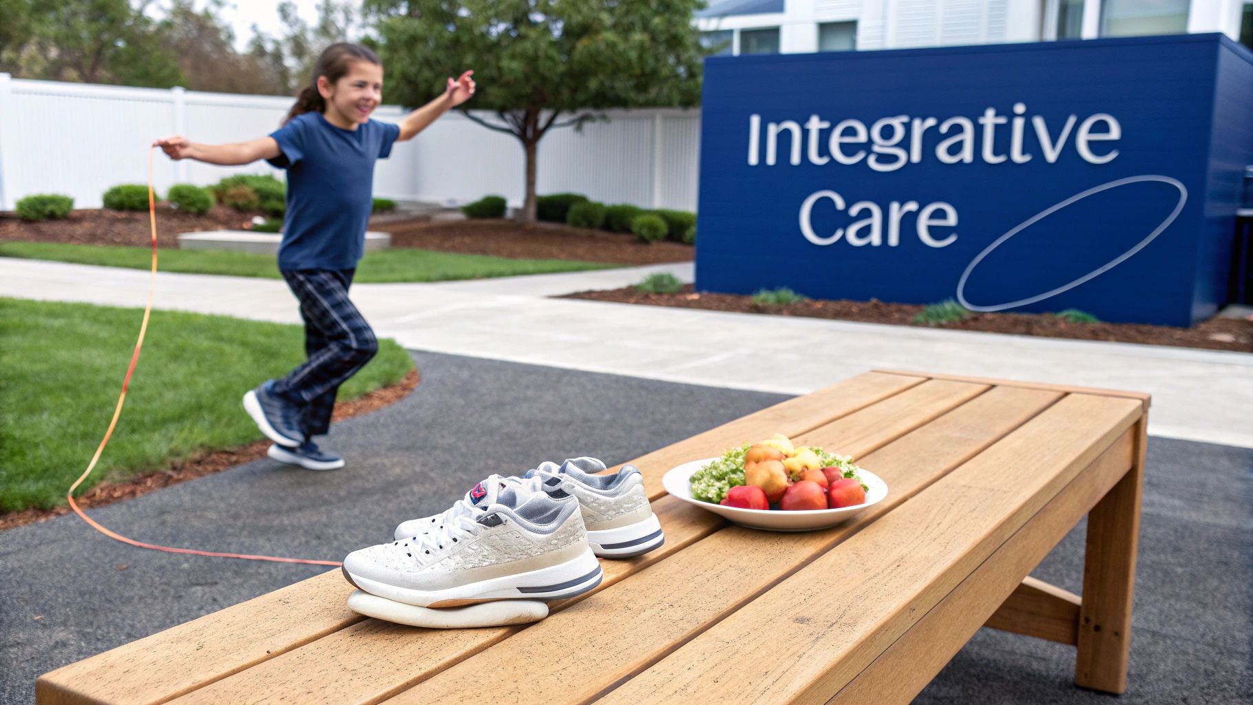 Smiling girl jumping rope outdoors near an "Integrative Care" sign, with fruit and sneakers on a bench.