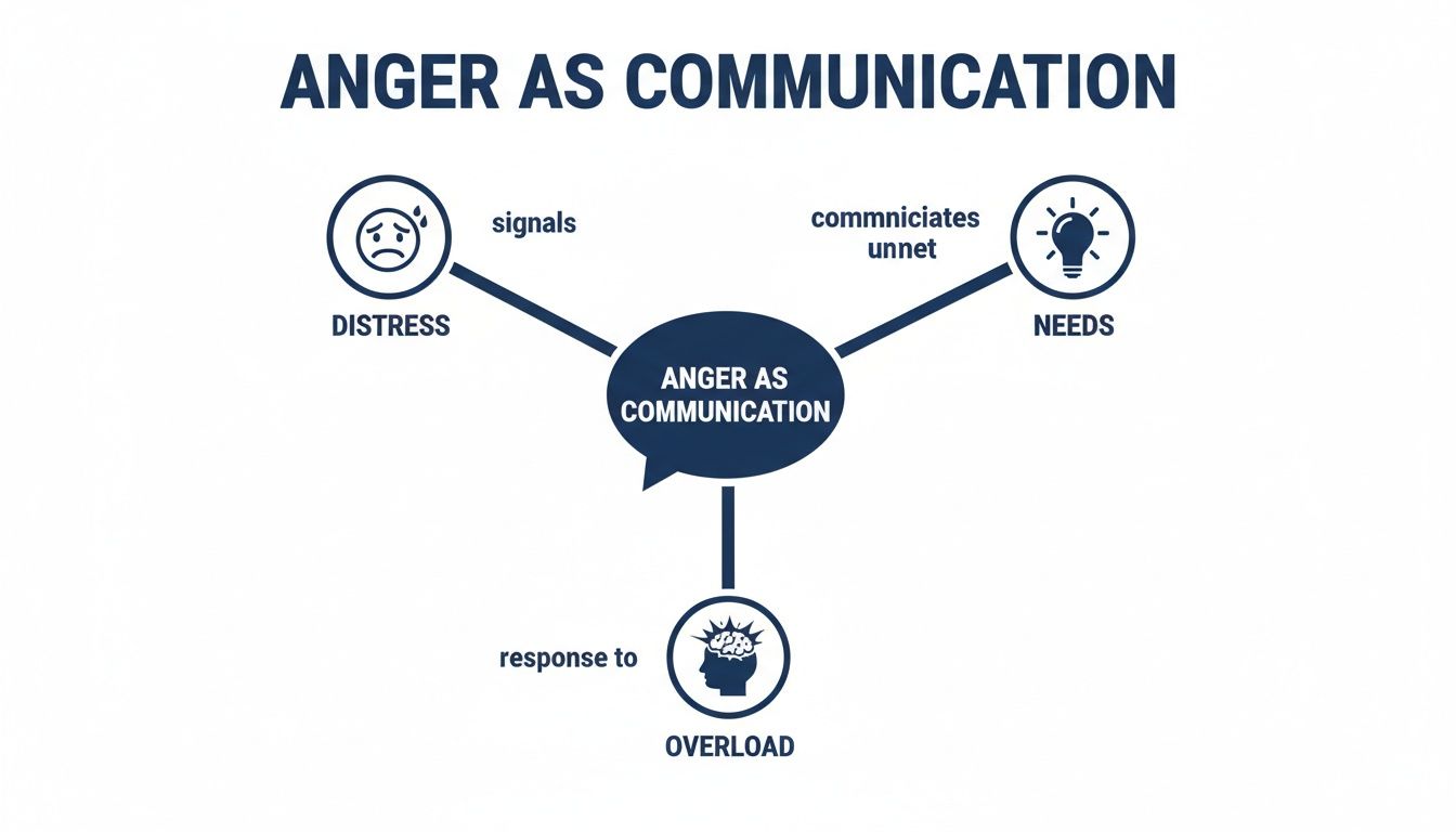 Diagram illustrating anger as communication, signaling distress, unmet needs, and a response to overload.