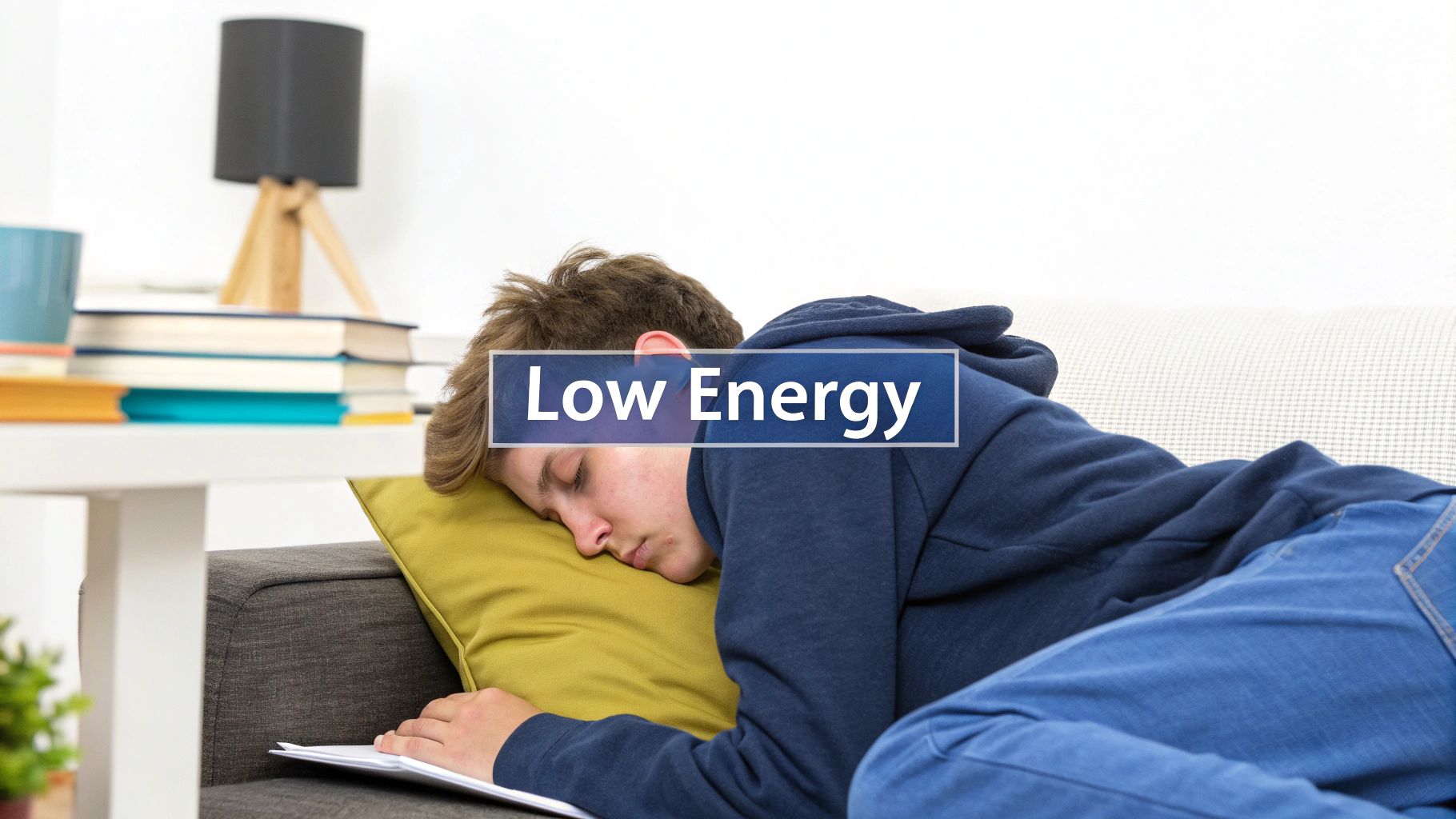 A tired teen sleeps on a couch with a pillow, depicting low energy or fatigue.