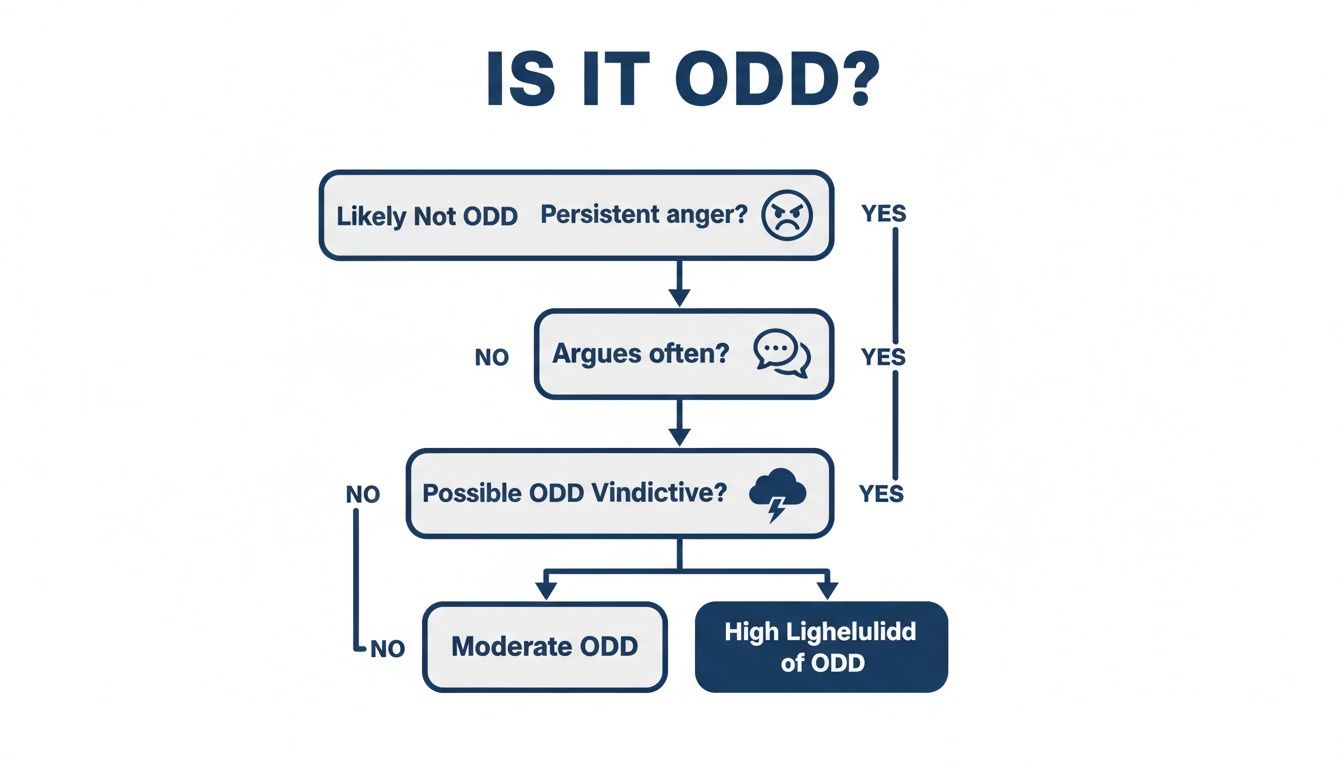 A diagnostic flowchart assessing symptoms like persistent anger, arguments, and vindictiveness for Oppositional Defiant Disorder.