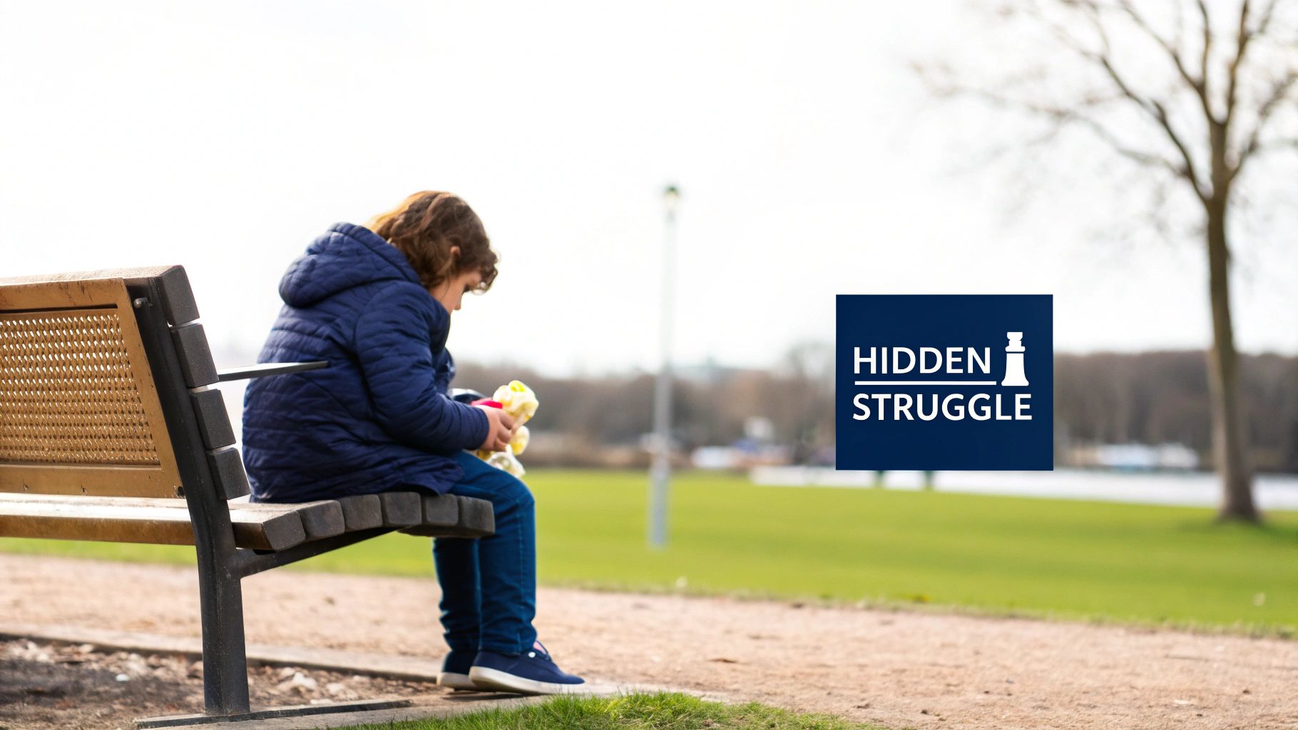 A young person sits alone on a park bench, looking down, holding a toy.