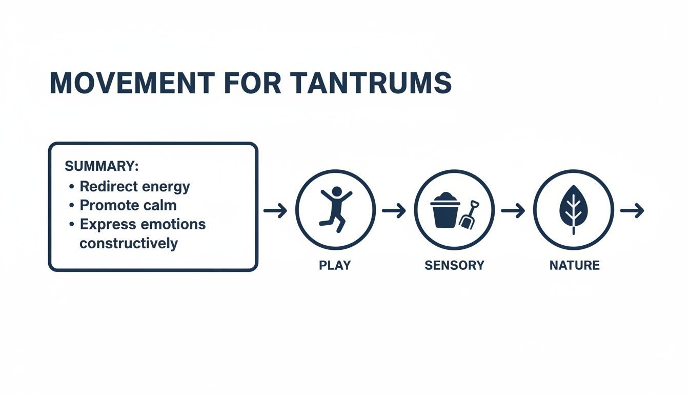 Diagram showing movement strategies for tantrums: summary, play, sensory, and nature activities.