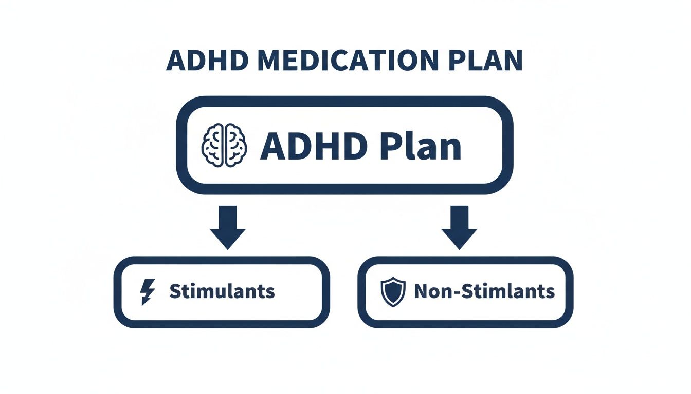 Flowchart illustrating ADHD medication plan divided into stimulants and non-stimulants categories.