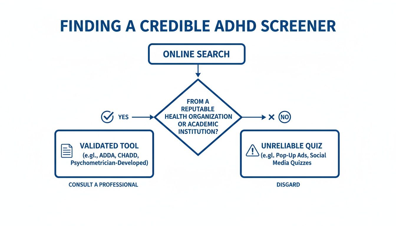 Flowchart guiding users on finding a credible ADHD screener, distinguishing reputable sources from unreliable quizzes.