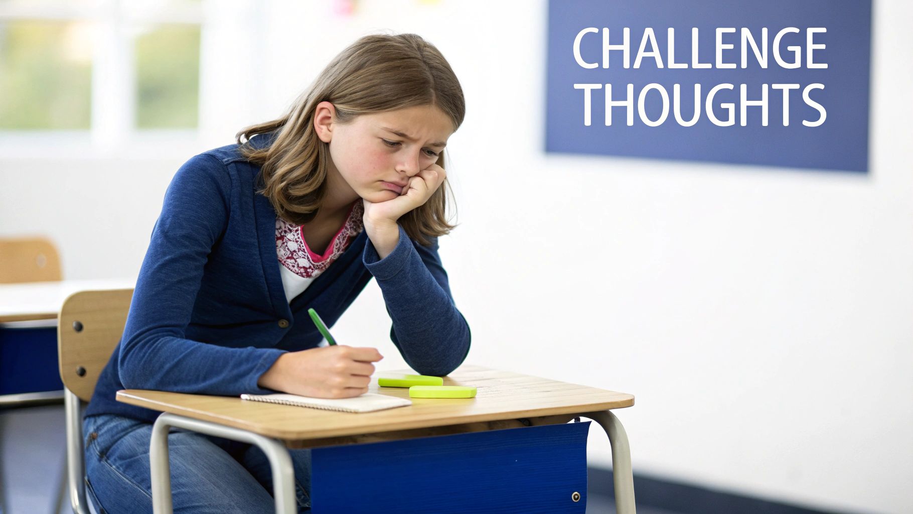 A thoughtful girl sits at a school desk, pen in hand, with a 'Challenge Thoughts' sign behind her.