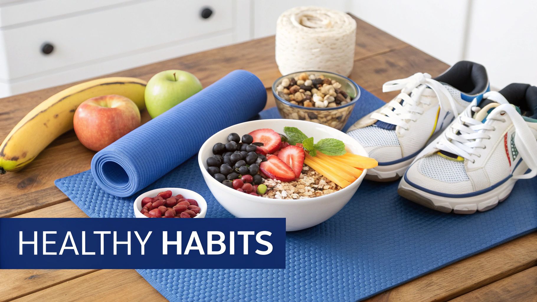 Table with healthy breakfast, fresh fruits, yoga mat, and running shoes for a balanced life.