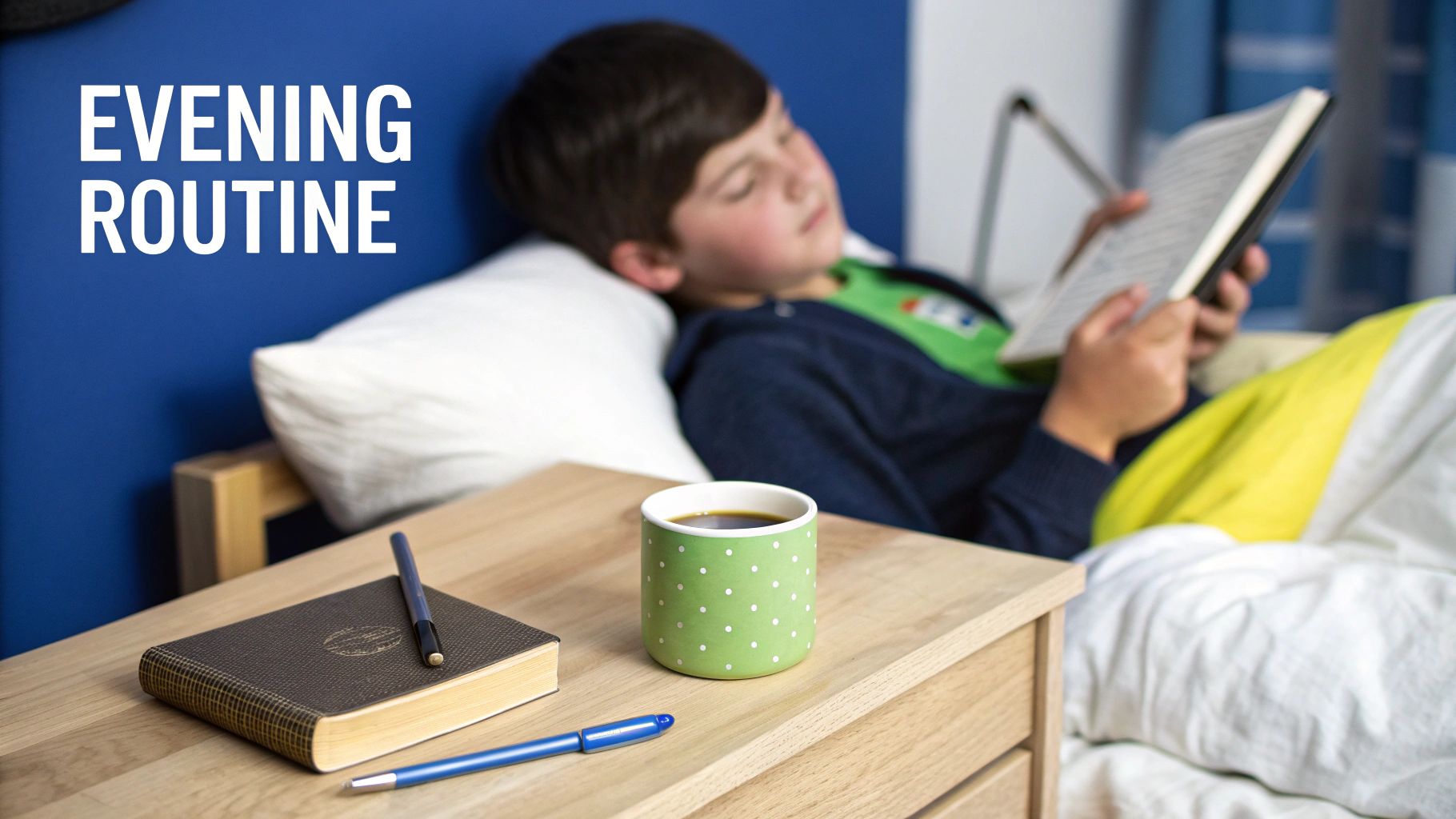A young boy reads a book in bed as part of his evening routine, with a mug and notebook on the nightstand.