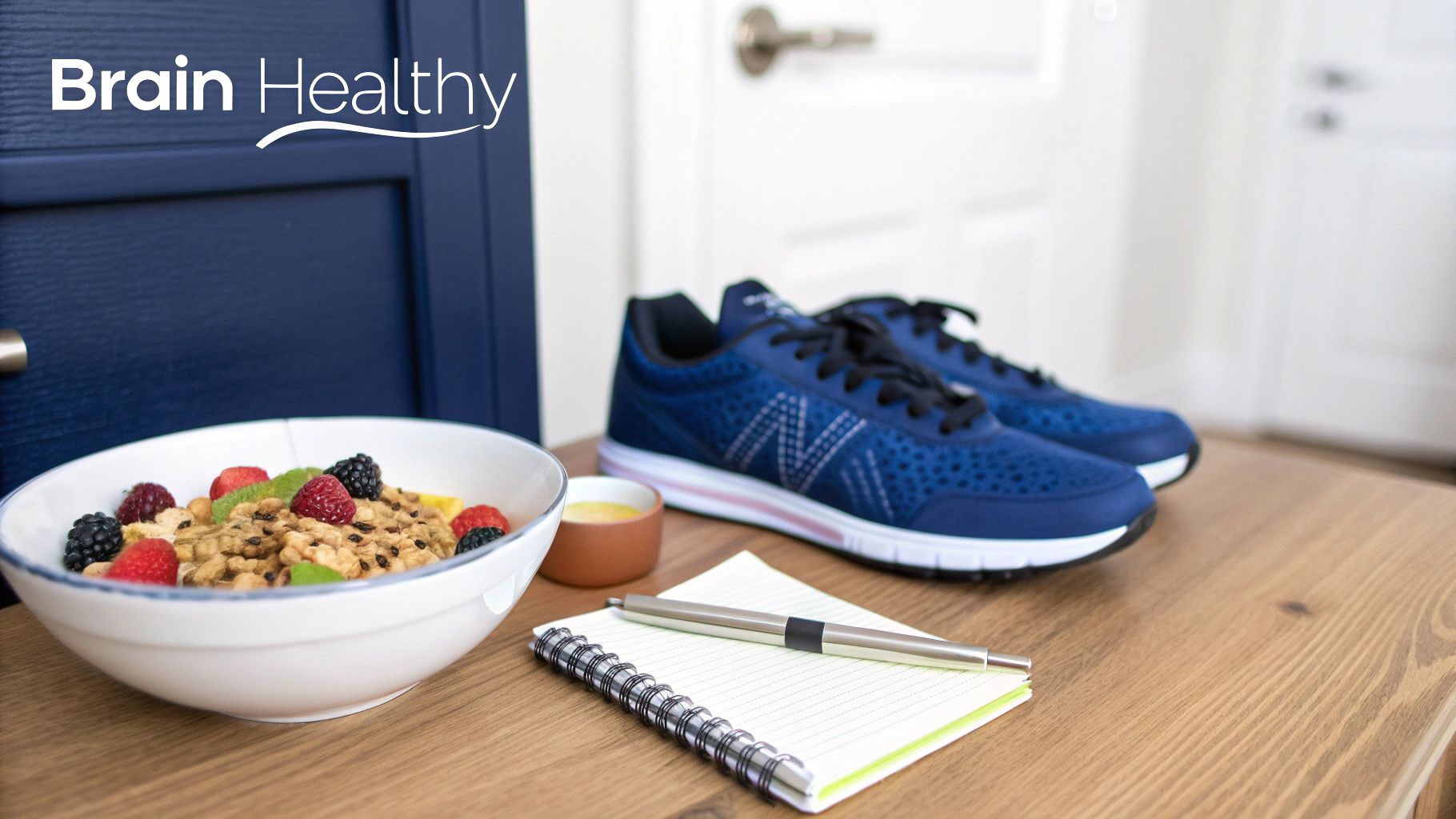 A healthy breakfast bowl with berries, athletic shoes, and a notepad on a wooden table, with 'Brain Healthy' text.
