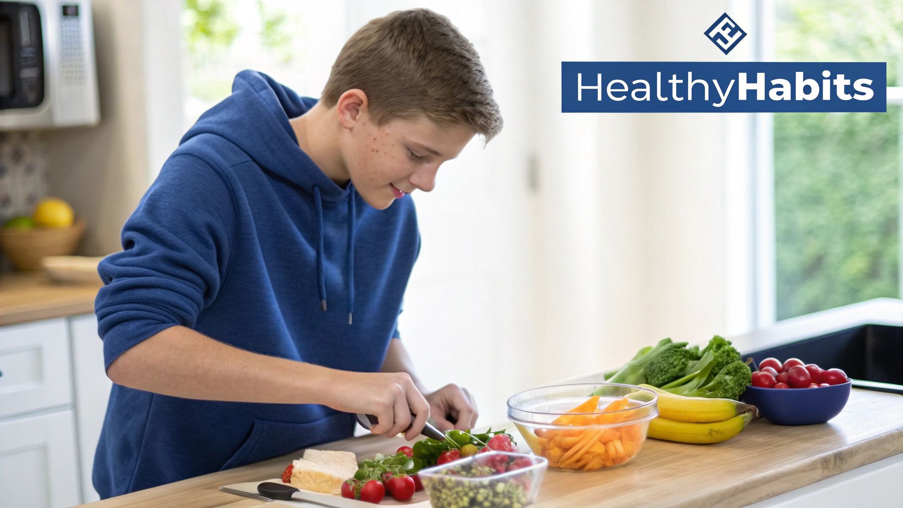 A smiling teenager in a blue hoodie chops fresh vegetables on a cutting board in a kitchen.
