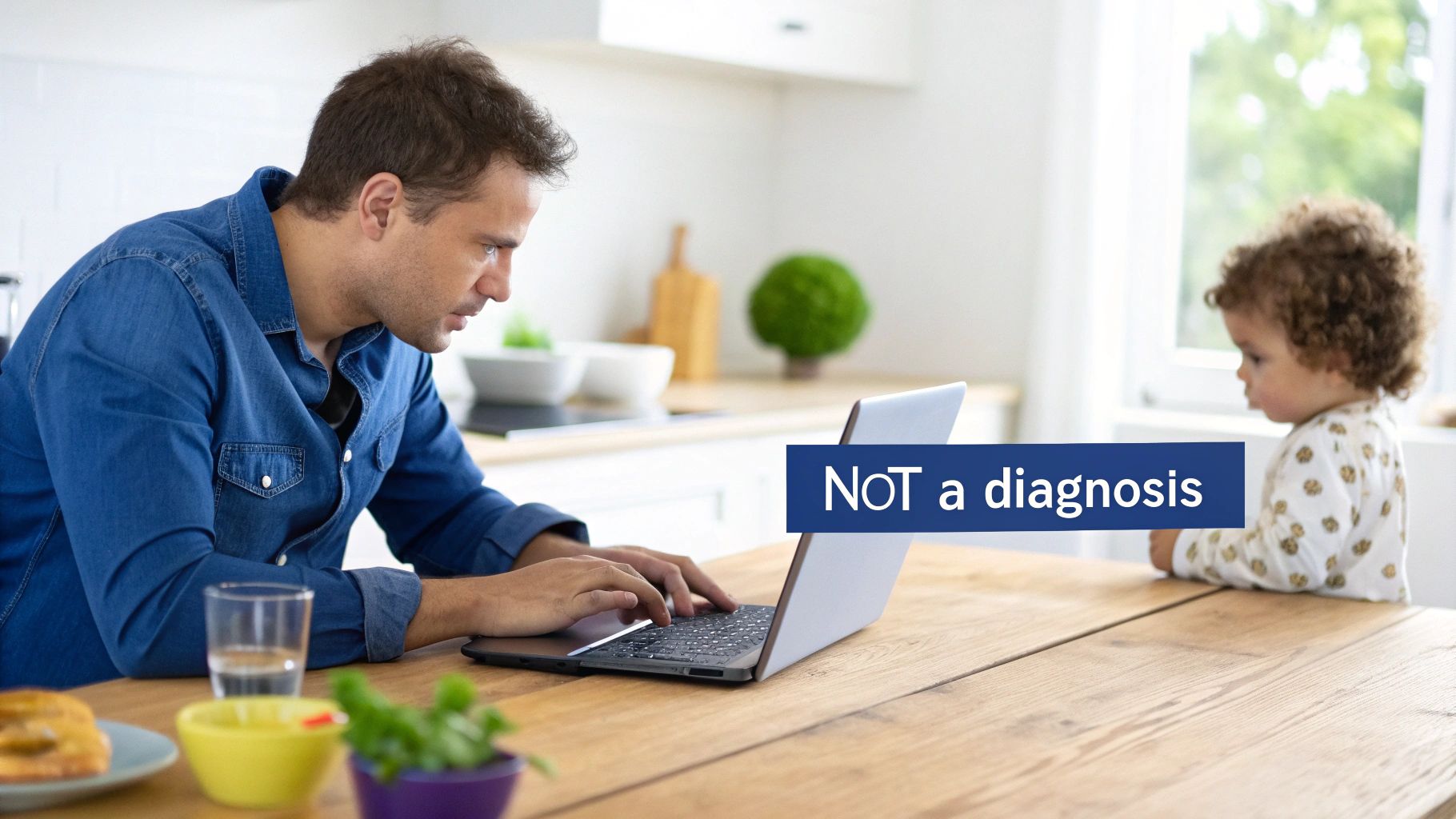 A man works on a laptop at a kitchen table while a child sits nearby, with a 'NOT a diagnosis' overlay.