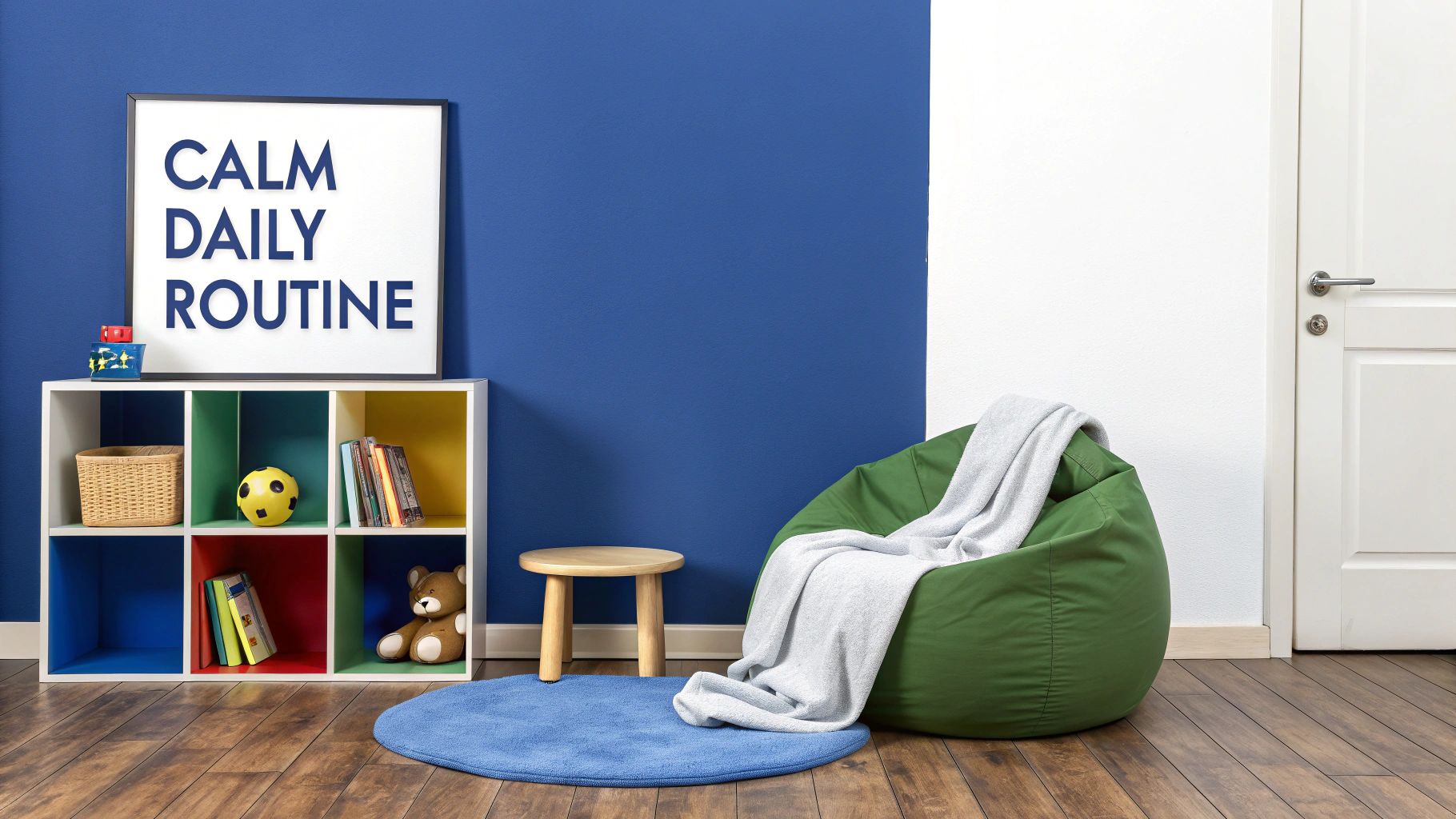 A cozy child's room with a blue wall, cubby shelf, green bean bag, and a 'CALM DAILY ROUTINE' poster.