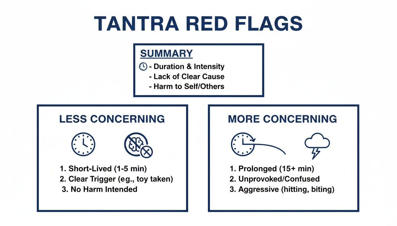 An infographic titled 'Tantrum Red Flags' outlining less and more concerning tantrum behaviors in children.