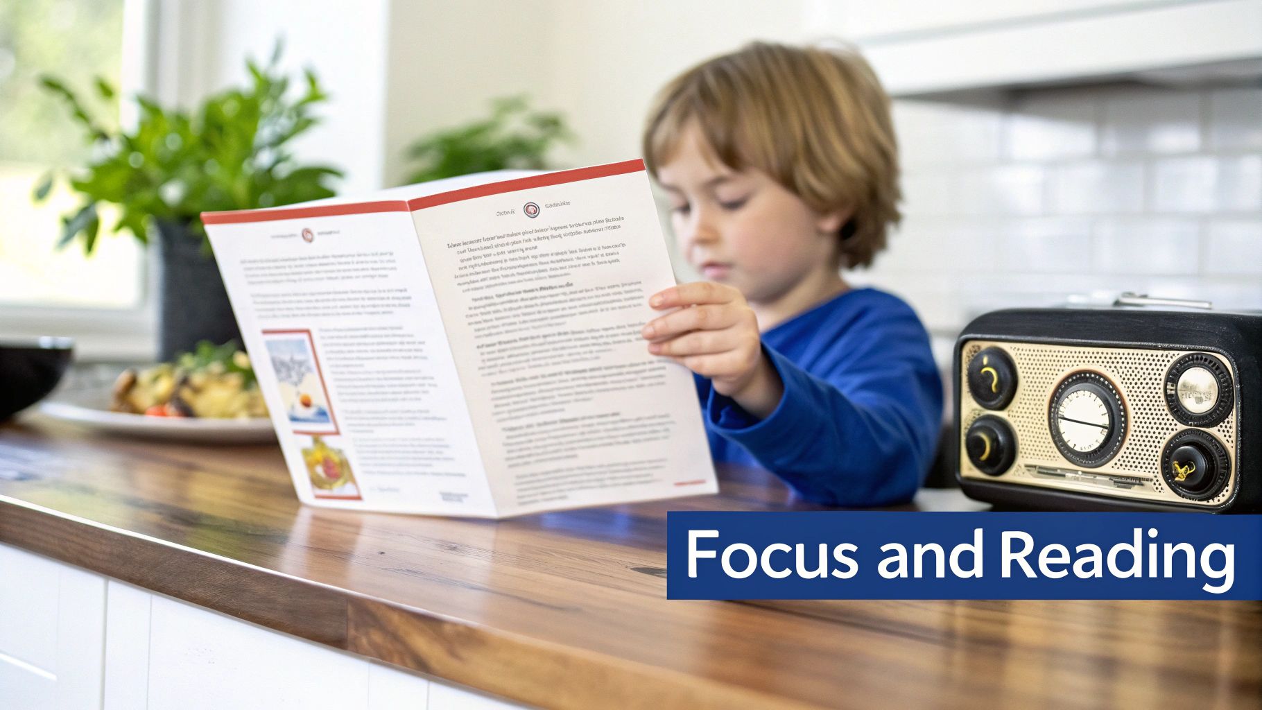 A focused child with blond hair reads a book at a wooden kitchen counter.