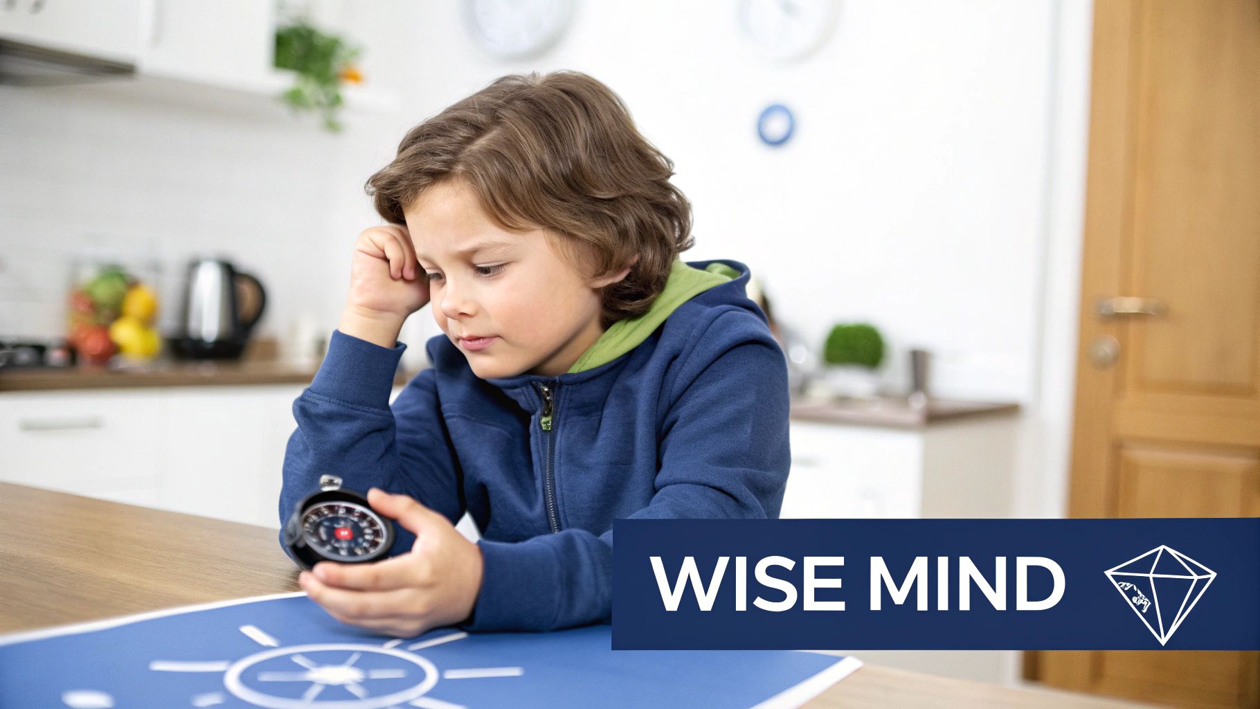 A thoughtful young boy with brown hair intently examines a compass at a kitchen table.