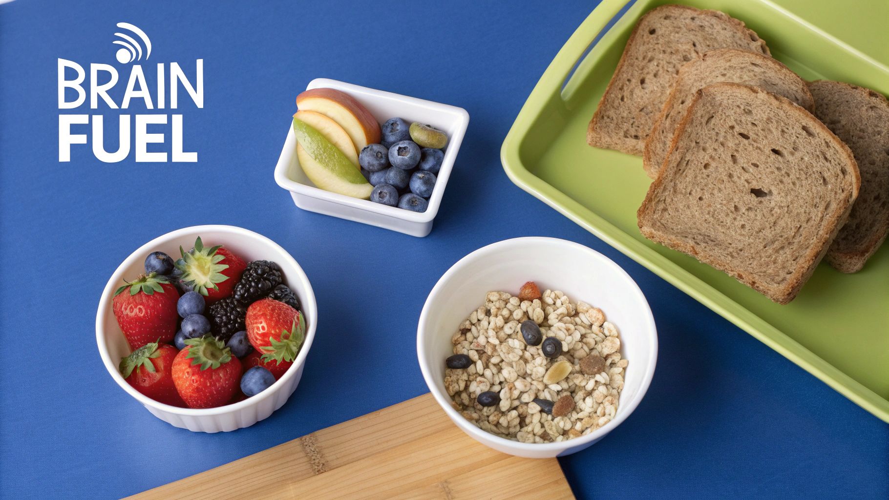 A blue table displaying healthy 'Brain Fuel' foods: berries, sliced fruit, cereal, and whole grain toast.
