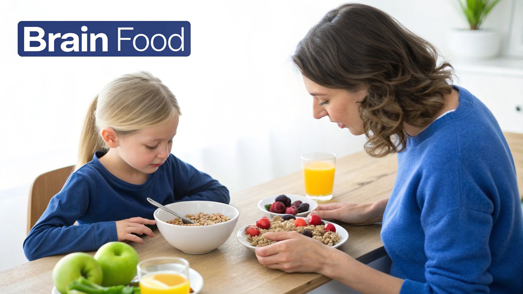 A mother and daughter eat a healthy breakfast of cereal, fruit, and juice at a wooden table.
