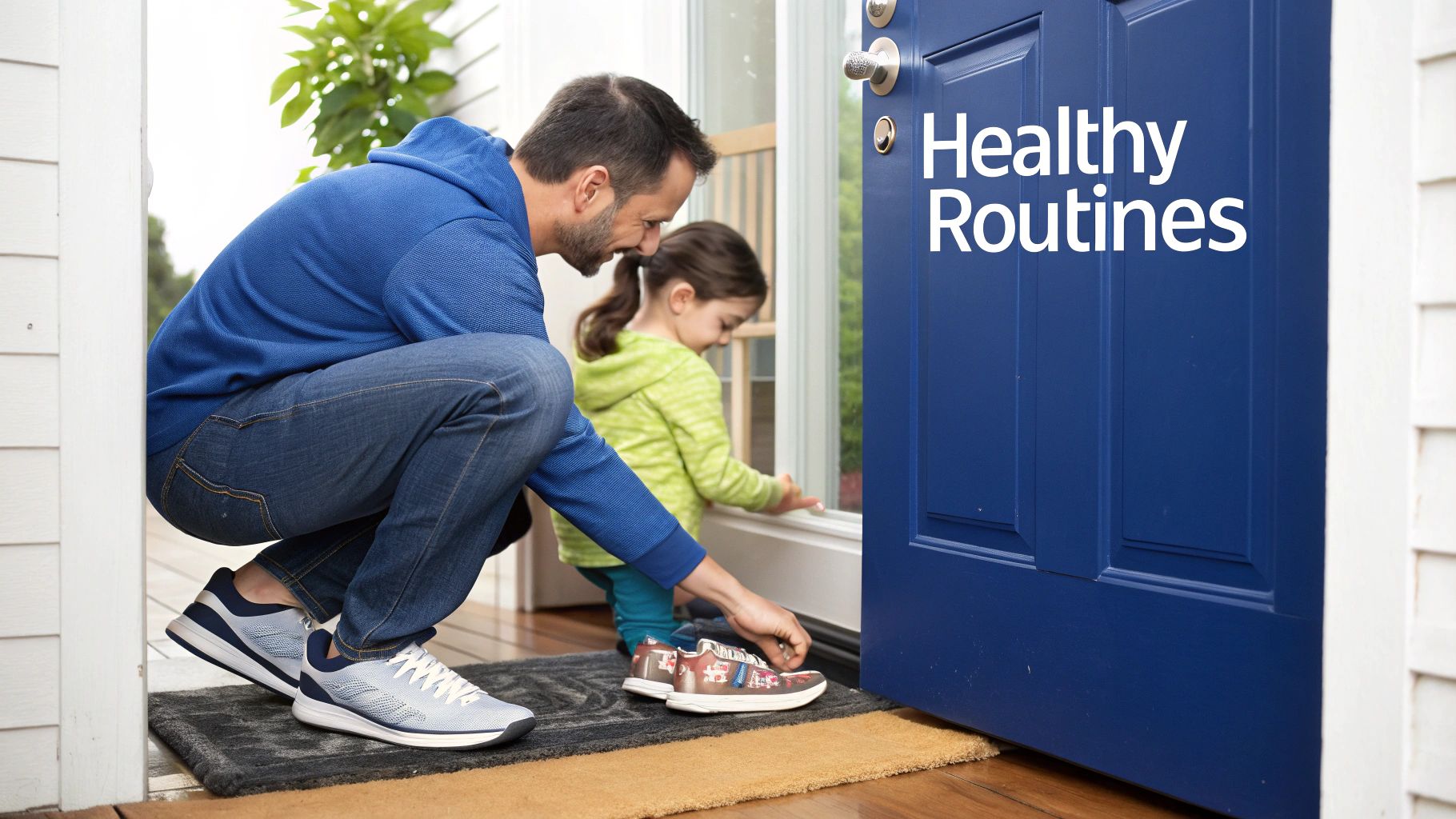 A father helps his young daughter put on shoes by the front door, promoting healthy daily routines.