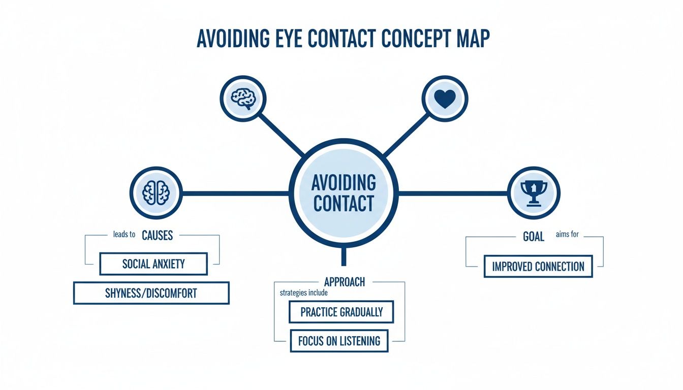 Concept map illustrating causes, goals, and approach strategies for avoiding eye contact.