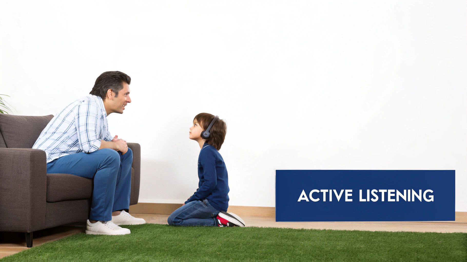A man on a couch talks to a child with headphones kneeling on the floor, next to an 'Active Listening' sign.