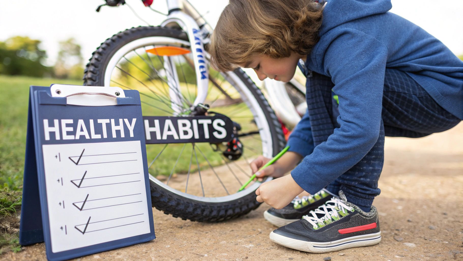 A child checks off 'healthy habits' on a clipboard while fixing a bike outdoors.