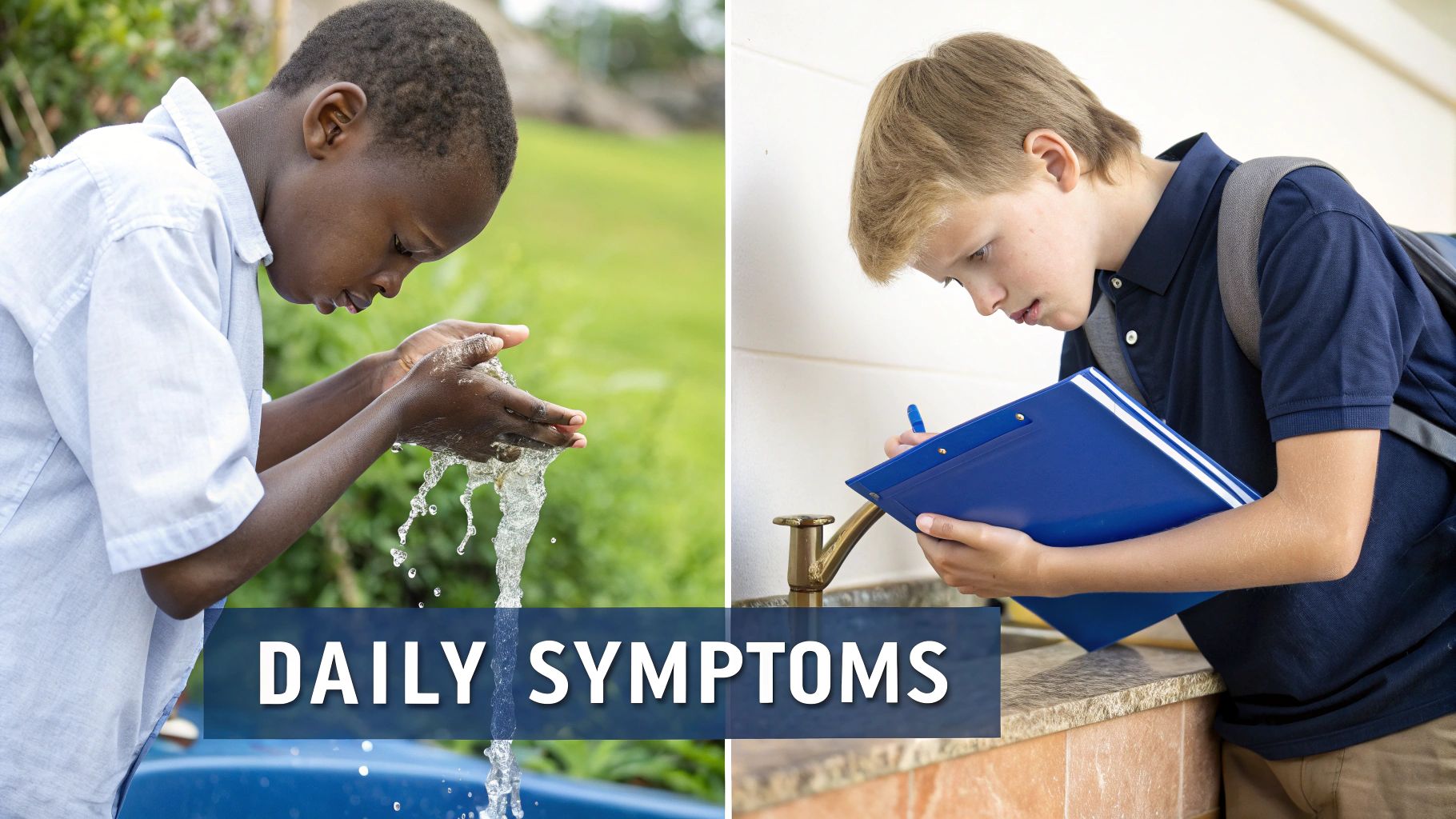 Two boys: one washing hands, another writing on a clipboard, with 'DAILY SYMPTOMS' text.