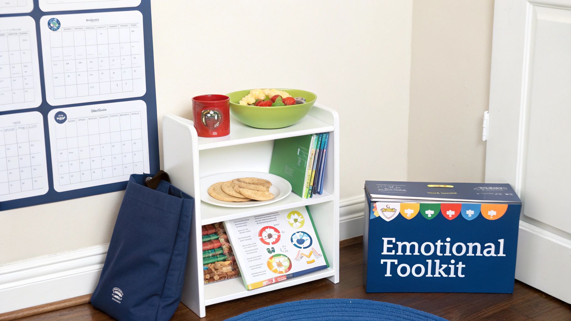 A child's organized corner with an 'Emotional Toolkit', calendar, healthy snacks, and books.