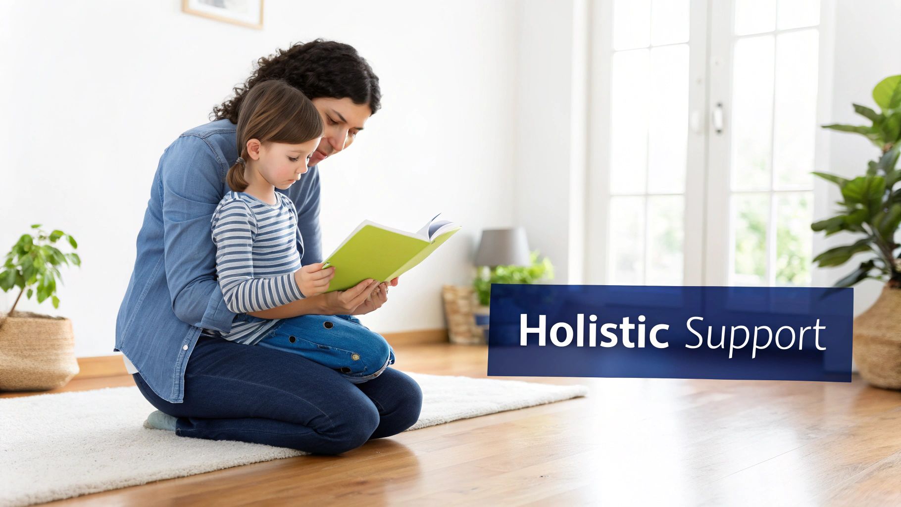 A mother and child sit on a rug, reading a green book together, promoting holistic support.
